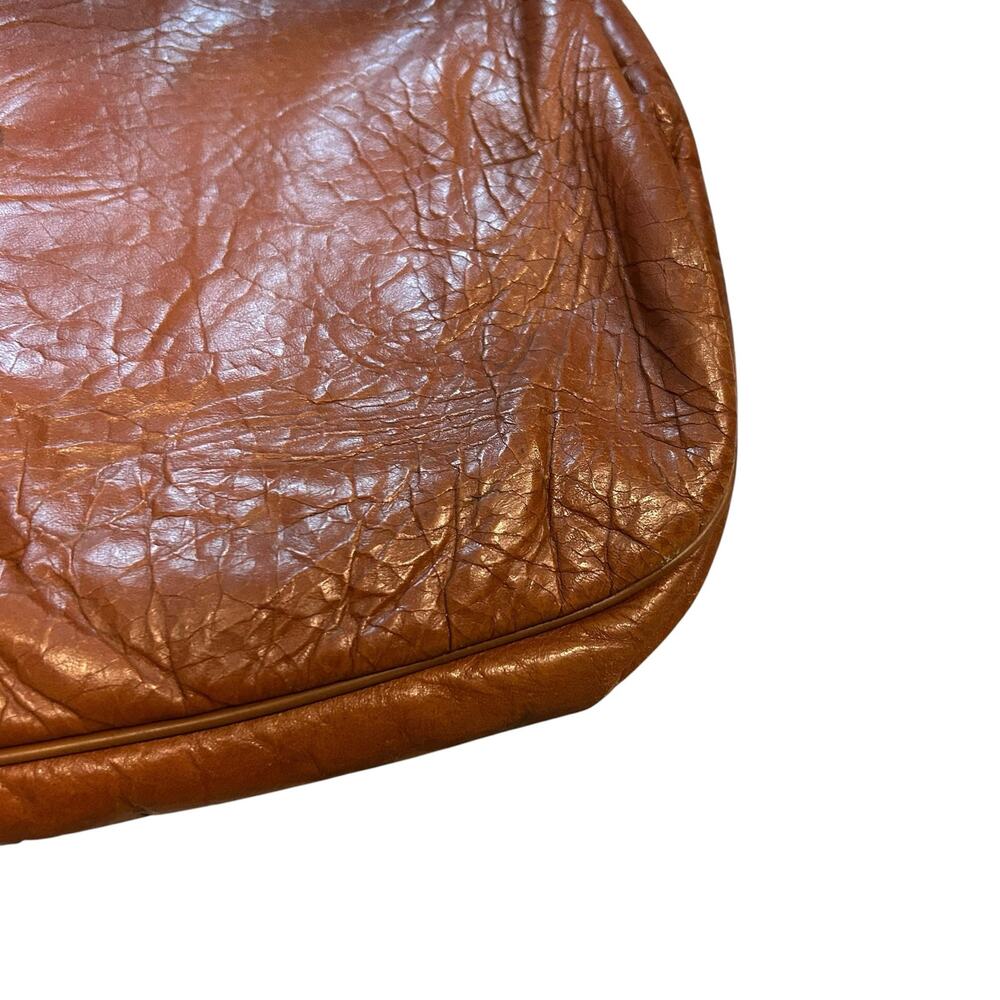 Vintage 80s Cognac Leather Hobo Shoulder Bag Whipstitch Heart Embroidery - Picture 5 of 16